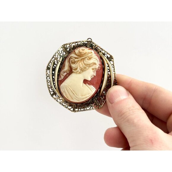 XL Dark Gold Toned Oval Carved Faux Cameo Vintage Pendant Bypass Frame - Picture 7 of 10